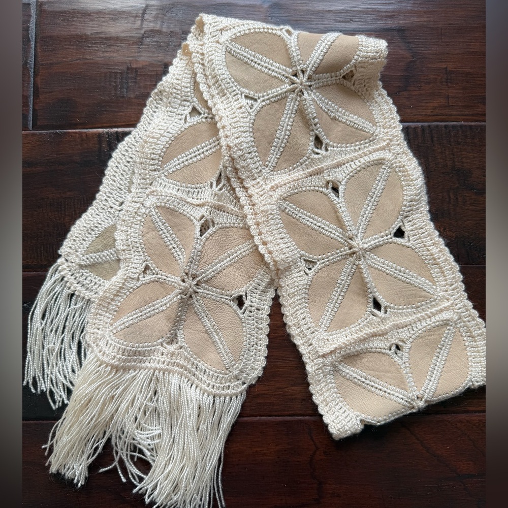 Vintage Cream Leather Patchwork Crochet Fringe Scarf